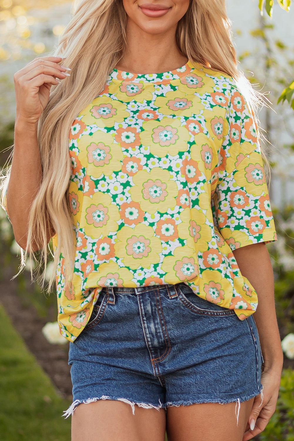 Yellow Summer Flower Printed Drop Shoulder Loose T Shirt-Tops/Tops & Tees-[Adult]-[Female]-2022 Online Blue Zone Planet