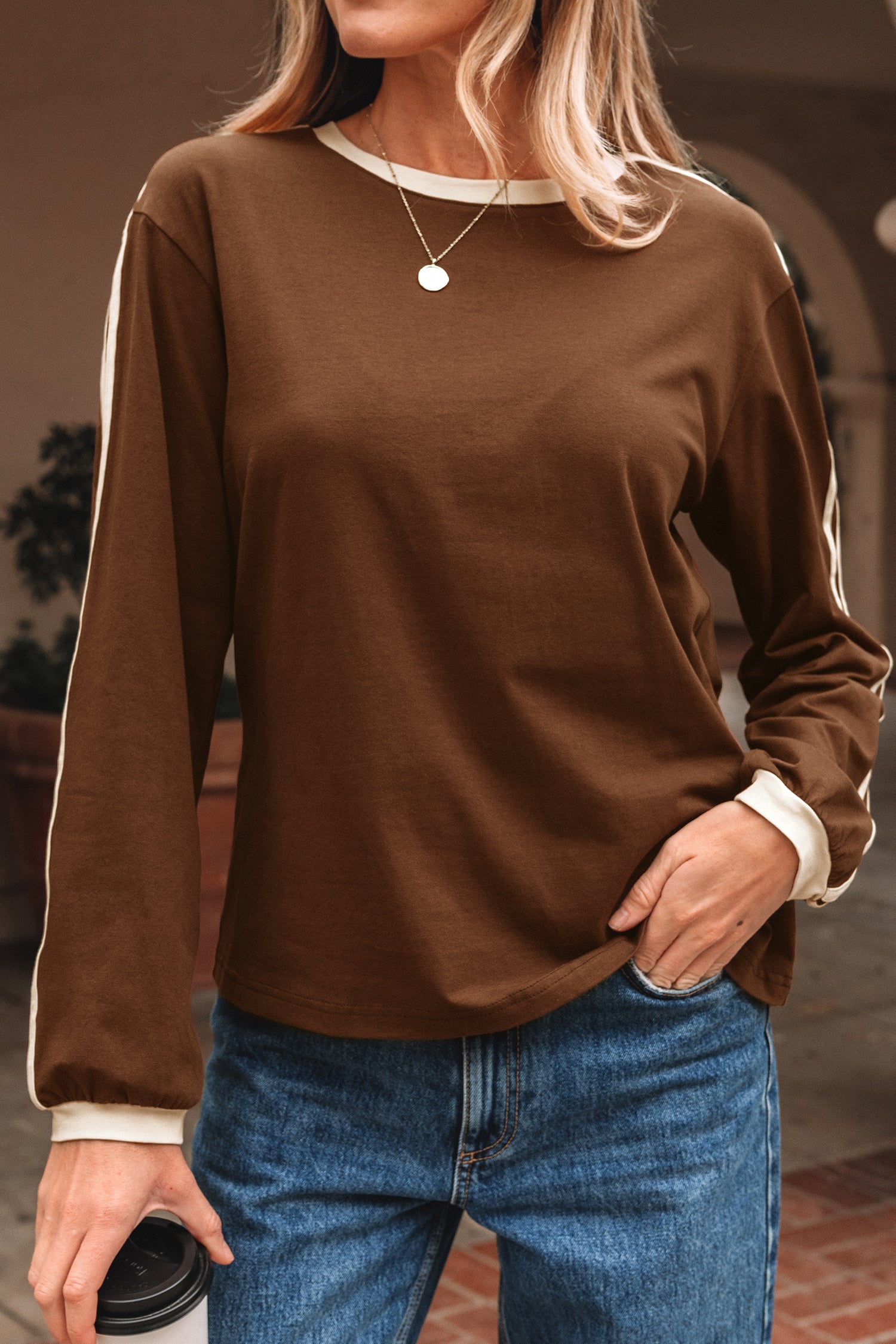 Dark Brown Varsity Striped Accent Contrast Crew Neck Long Sleeve T Shirt-Tops/Long Sleeve Tops-[Adult]-[Female]-2022 Online Blue Zone Planet