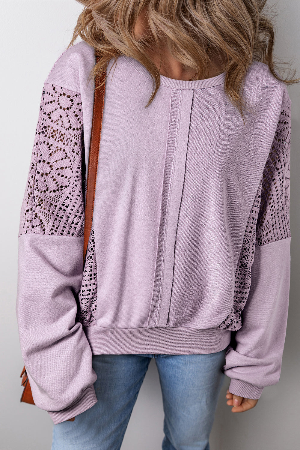 Parchment Knit Crochet Exposed Seam Ribbed Trim Sweatshirt-Tops/Sweatshirts & Hoodies-[Adult]-[Female]-Orchid Petal-S-2022 Online Blue Zone Planet