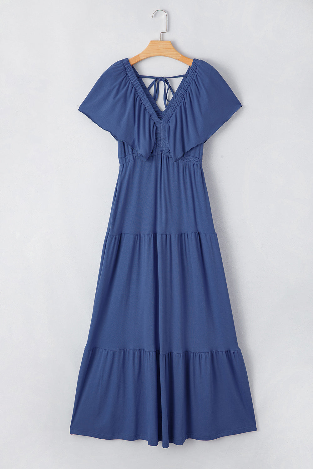 Navy Blue Textured V Neck Flutter Sleeve Ruffled Maxi Dress-TOPS / DRESSES-[Adult]-[Female]-2022 Online Blue Zone Planet