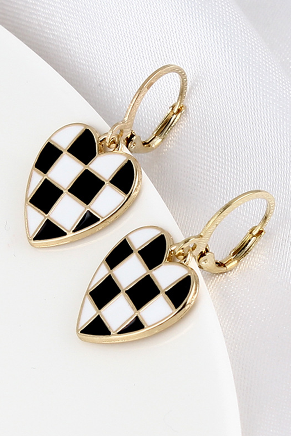 Black Checkered Heart Shaped Hoop Dangle Earrings