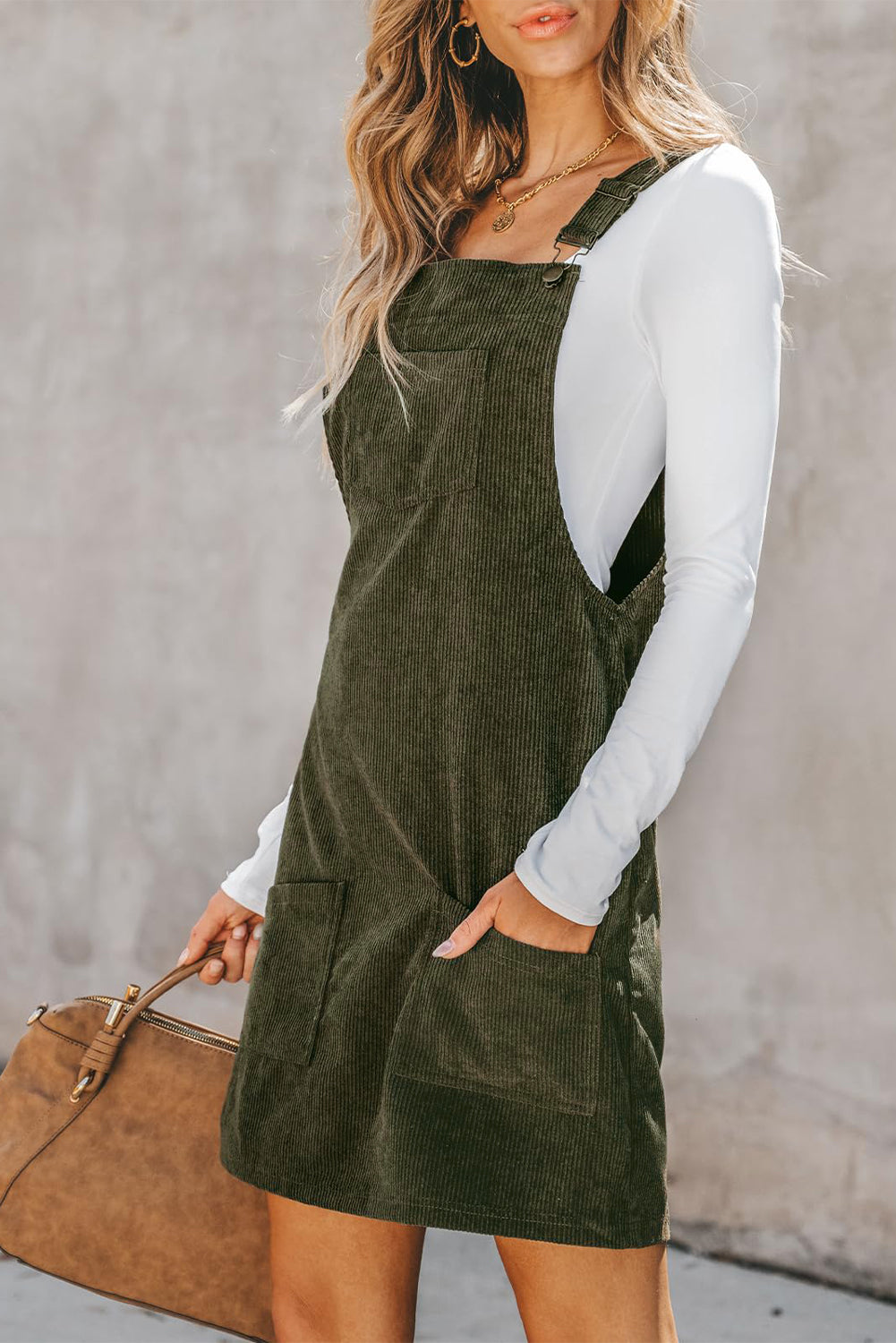 Blue Zone Planet | Vineyard Green Solid Front Pockets Sleeveless Corduroy Overall Dress-TOPS / DRESSES-[Adult]-[Female]-2022 Online Blue Zone Planet