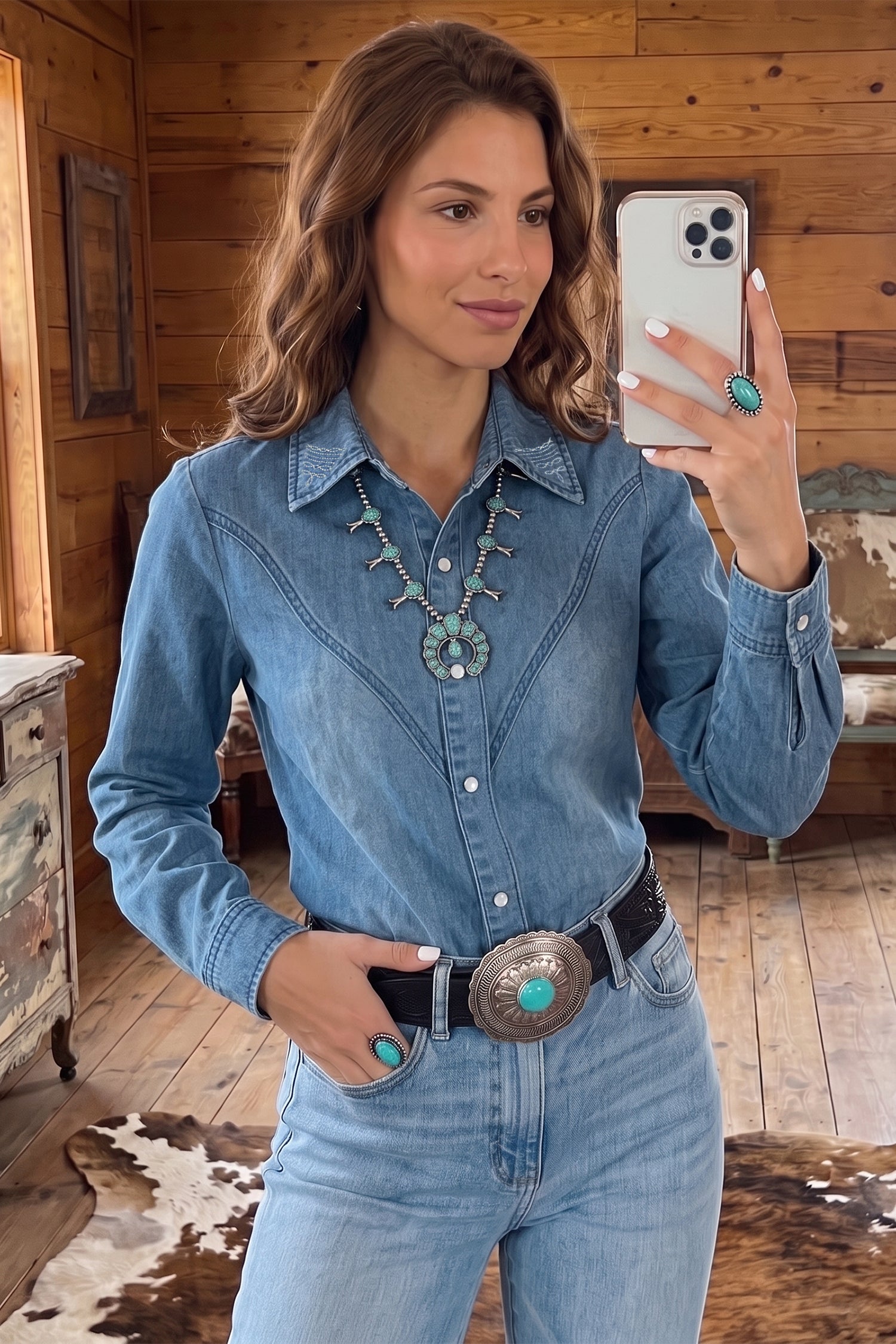 Myosotis Embroidered Western Detail Long Sleeve Collar Shirt-Tops/Blouses & Shirts-[Adult]-[Female]-2022 Online Blue Zone Planet