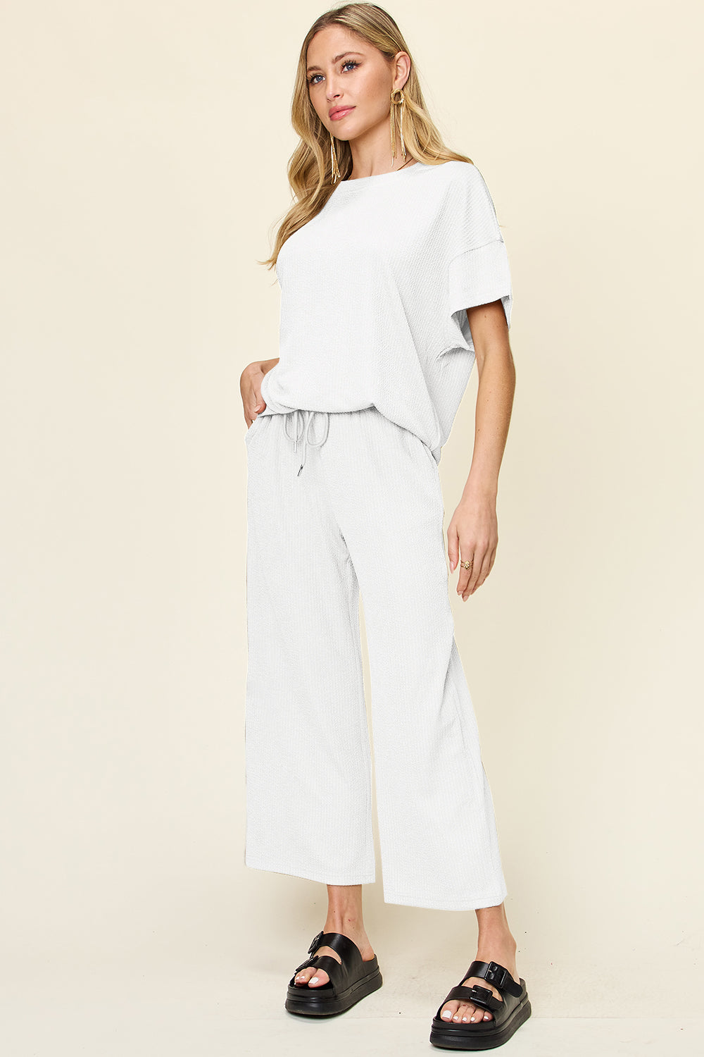 Blue Zone Planet | Double Take Full Size Texture Round Neck Short Sleeve T-Shirt and Wide Leg Pants-TOPS / DRESSES-[Adult]-[Female]-White-S-2022 Online Blue Zone Planet