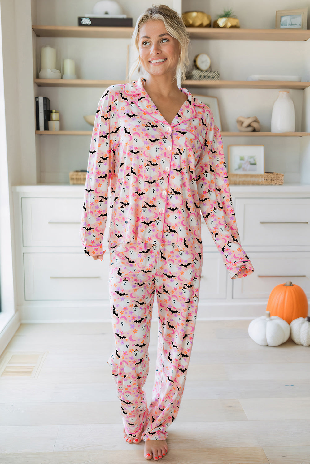 Pink Halloween Eve Haunted Honey Bat Print Pajama Set-Loungewear & Sleepwear/Sleepwear-[Adult]-[Female]-2022 Online Blue Zone Planet