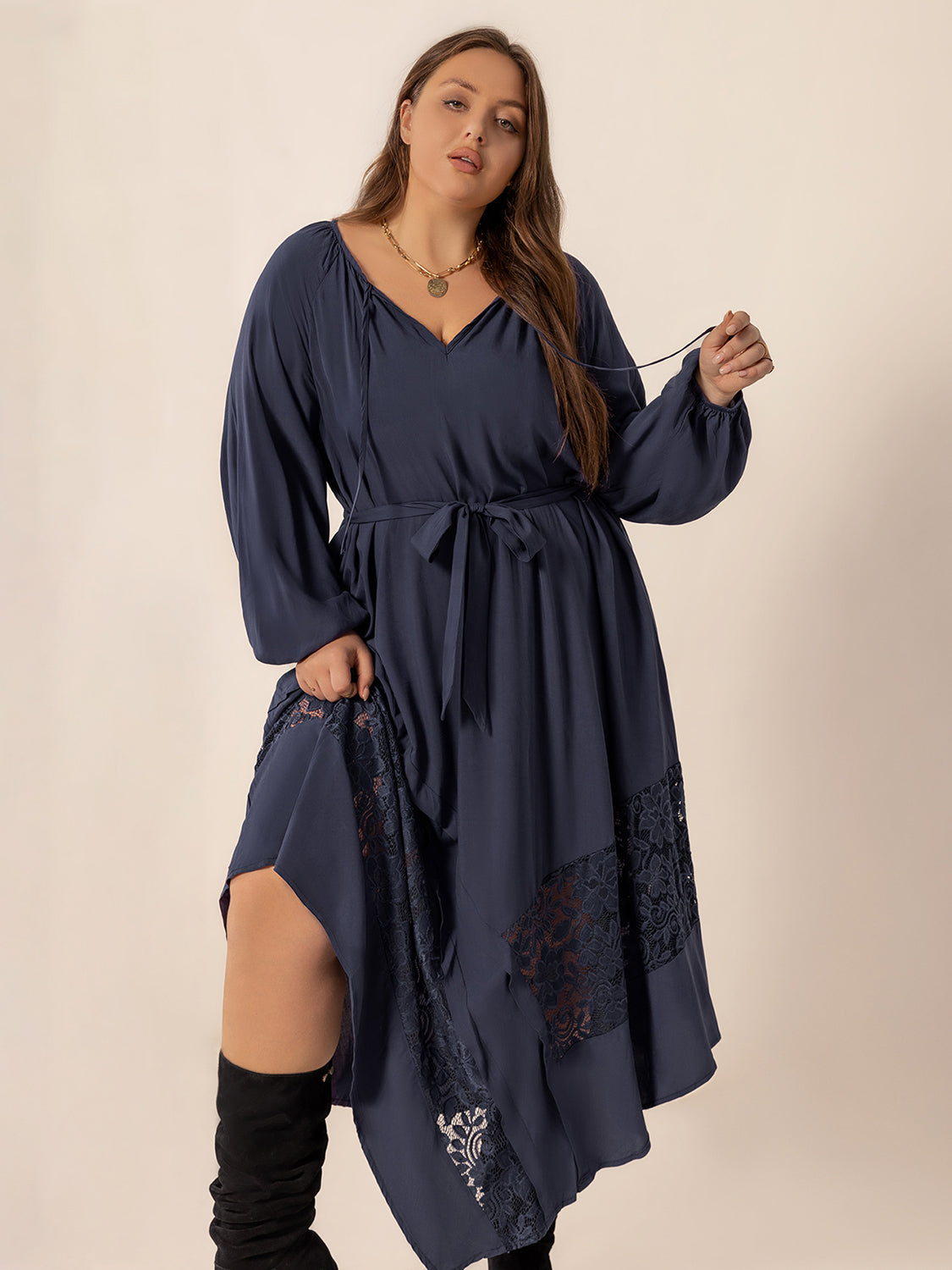 Blue Zone Planet | Plus Size Lace Detail Tie Neck Long Sleeve Midi Dress-TOPS / DRESSES-[Adult]-[Female]-2022 Online Blue Zone Planet