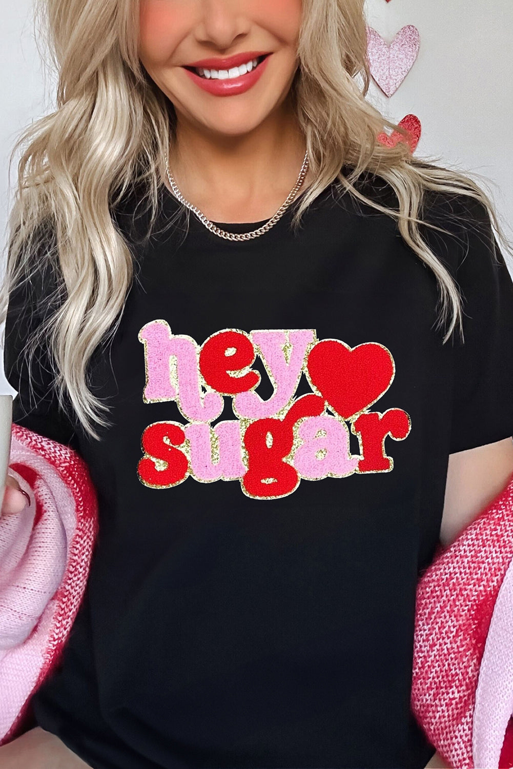 Black Chenille Heart Hey Sugar Patched Crewneck Valentines Tee-Graphic/Graphic Tees-[Adult]-[Female]-2022 Online Blue Zone Planet