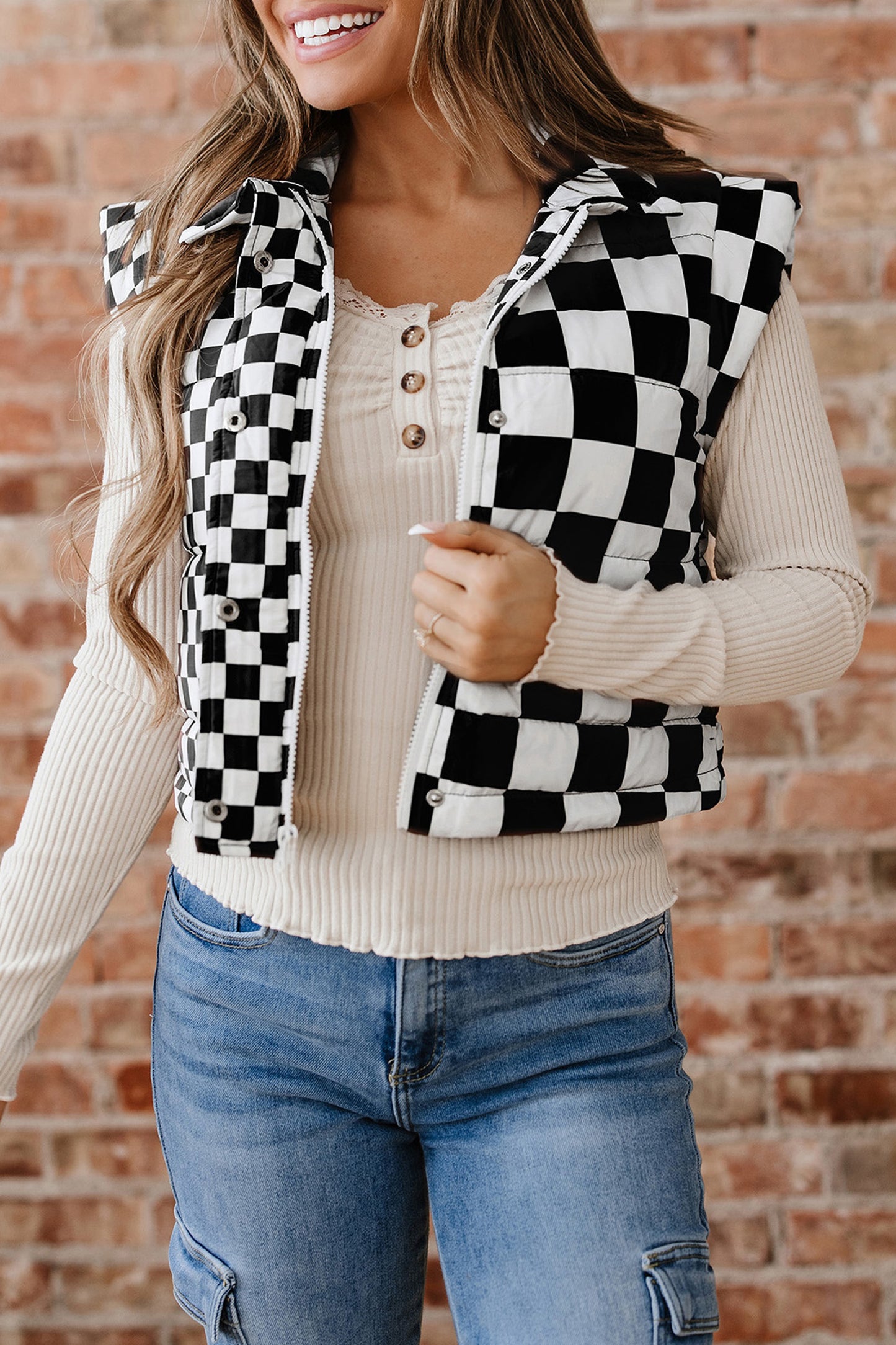 Black Double Checked Stand Collar Cropped Puffer Vest-Outerwear/Vests-[Adult]-[Female]-2022 Online Blue Zone Planet