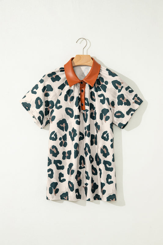 Casual Unique Leopard Print Button Contrast Collared Short Sleeve Blouse-Tops/Blouses & Shirts-[Adult]-[Female]-2022 Online Blue Zone Planet