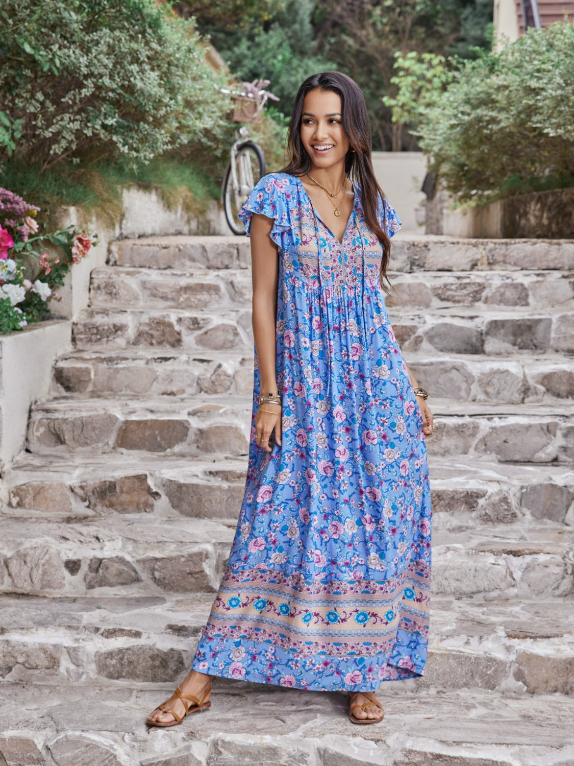 Blue Zone Planet |  Ruffled Printed Tie Neck Cap Sleeve Dress BLUE ZONE PLANET