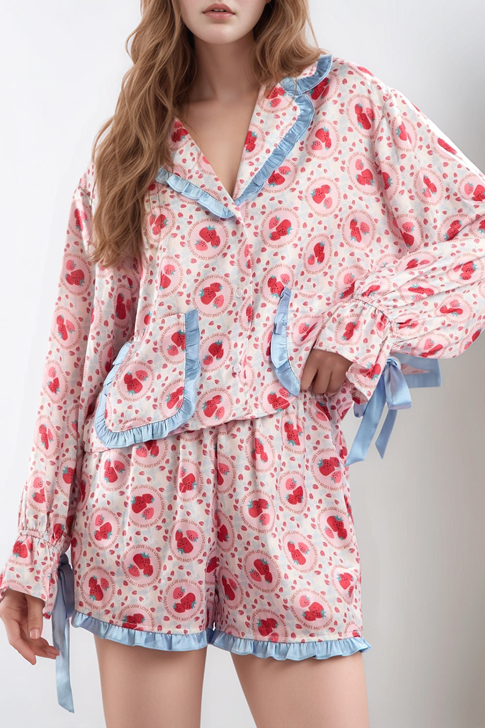 Valentine’s Day Frill Strawberry Print Flounce Sleeve Top and Shorts Lounge Set-TOPS / DRESSES-[Adult]-[Female]-2022 Online Blue Zone Planet