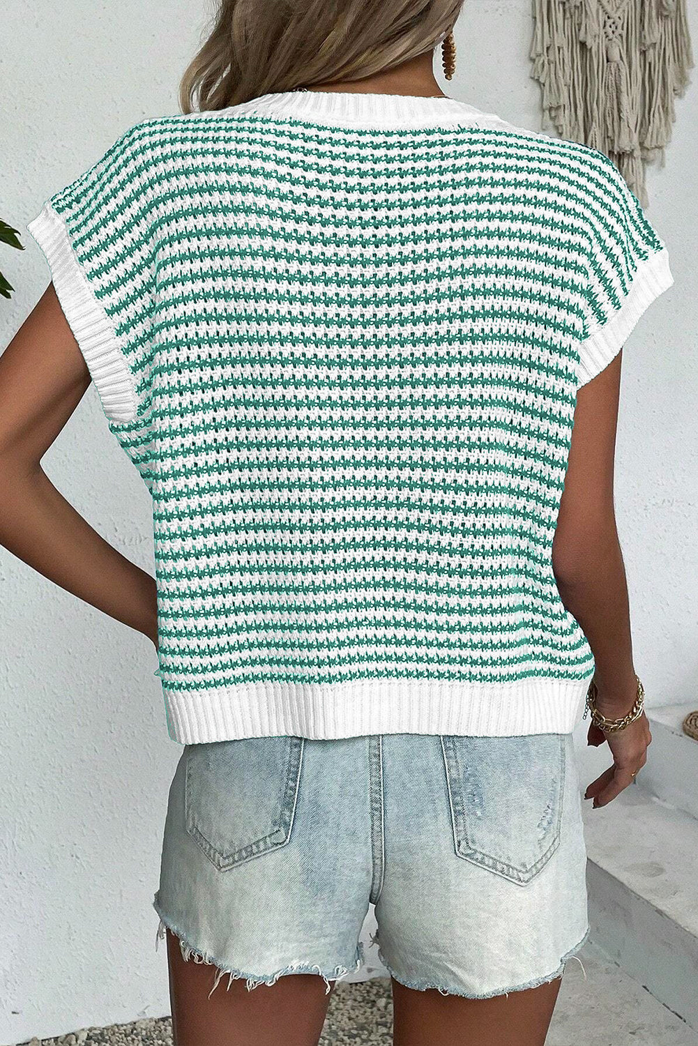 Green Stripe Ribbed Trim Loose Fit Knitted Sweater Vest-Sweaters & Cardigans/Sweater Vests-[Adult]-[Female]-2022 Online Blue Zone Planet