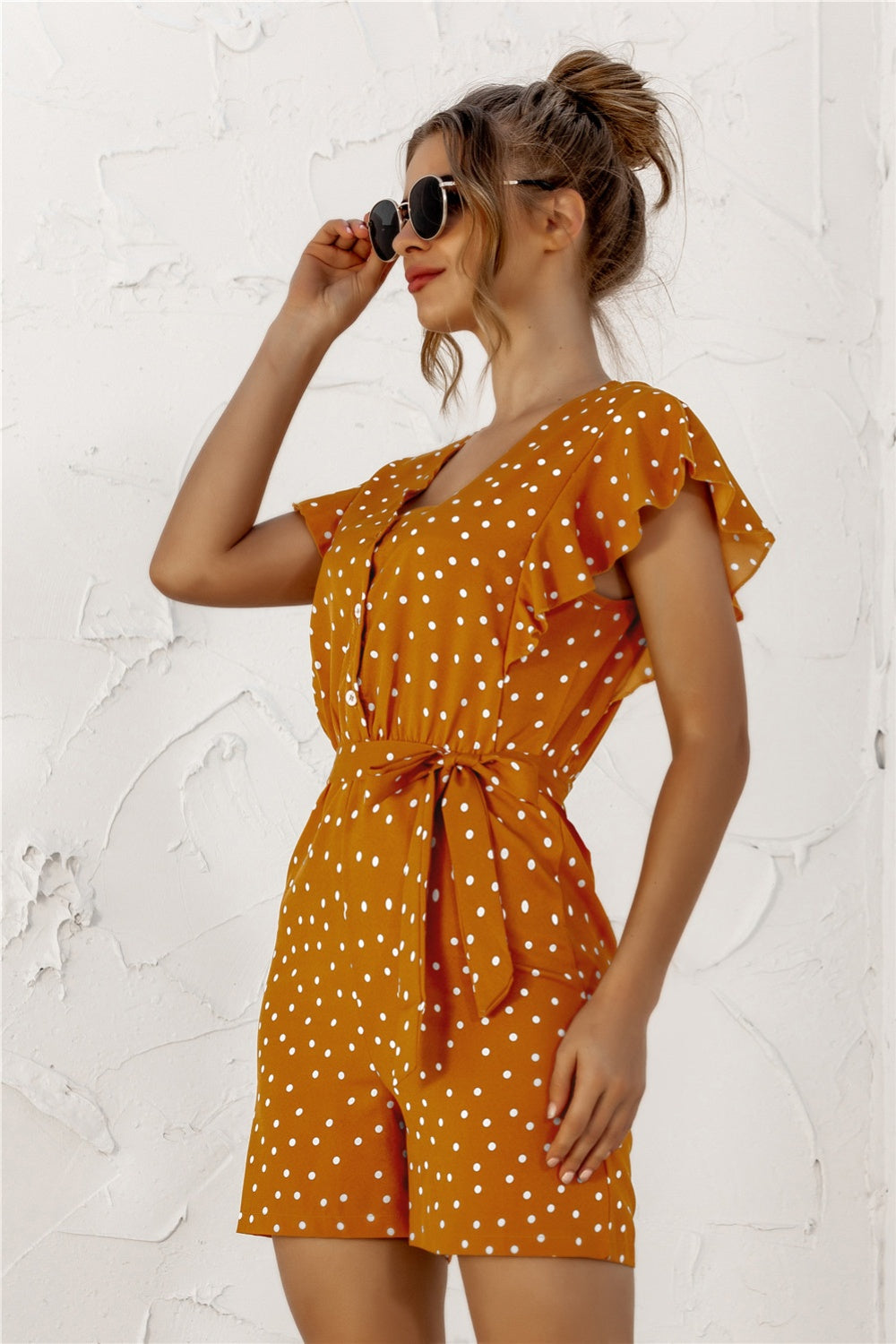 Ruffled Polka Dot Half Button Romper-TOPS / DRESSES-[Adult]-[Female]-2022 Online Blue Zone Planet