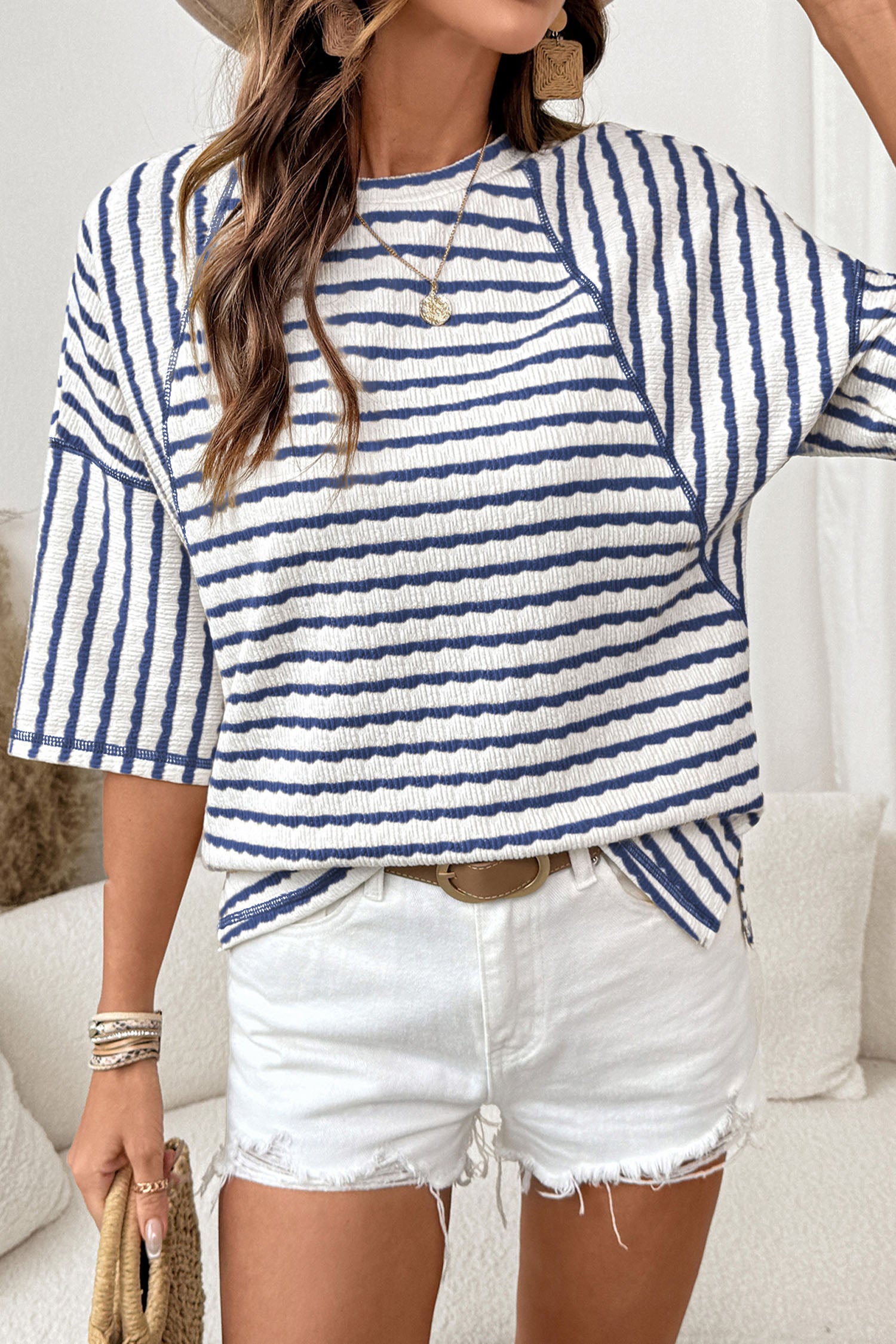 Blue Stripe Textured Knit Split Hem Half Sleeve Loose Top-Tops/Tops & Tees-[Adult]-[Female]-Blue Stripe-S-2022 Online Blue Zone Planet