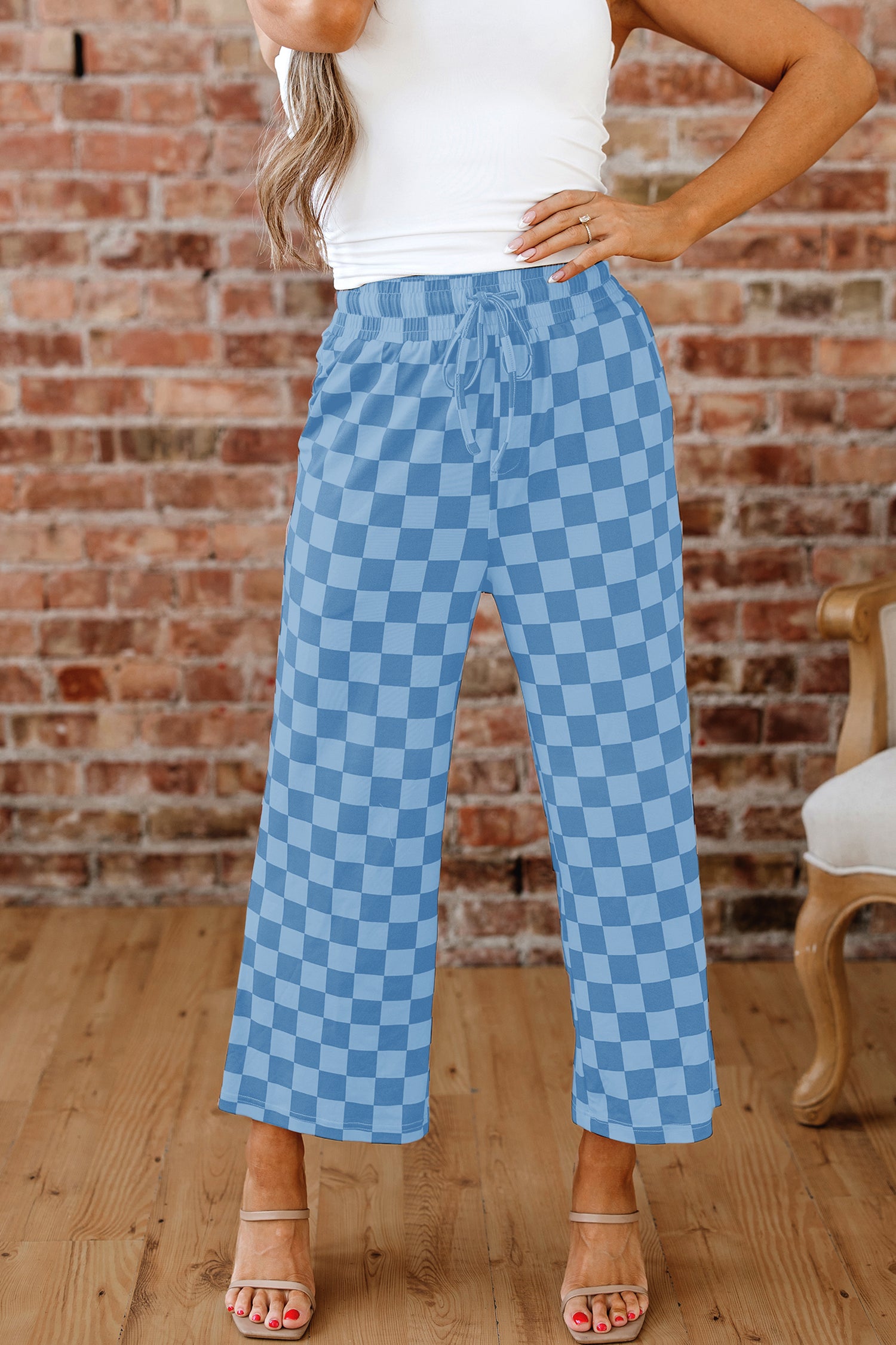 Sky Blue Checkered Elastic High Waist Loose Casual Pants-Bottoms/Pants & Culotte-[Adult]-[Female]-2022 Online Blue Zone Planet