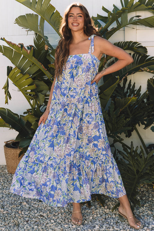 Sky Blue Floral Print Self-tie Straps Flowy Ruffle Long Dress-TOPS / DRESSES-[Adult]-[Female]-Sky Blue-S-2022 Online Blue Zone Planet