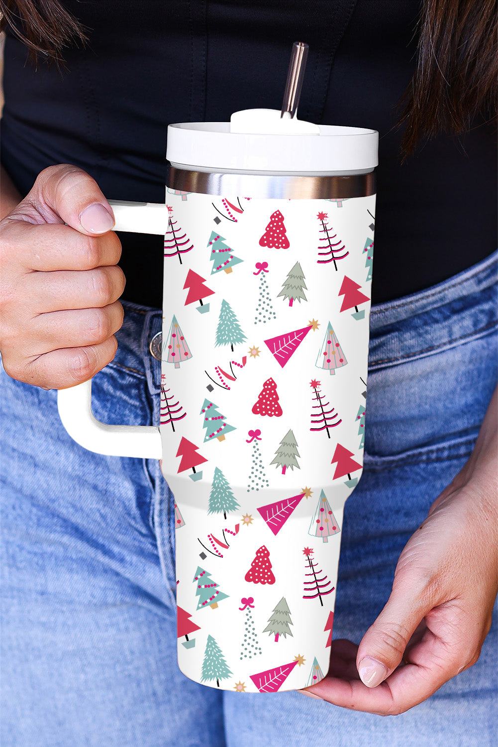 Blue Zone Planet | White Cartoon Christmas Tree Printed Thermos Cup 40oz-Accessories/Tumblers-[Adult]-[Female]-White-ONE SIZE-2022 Online Blue Zone Planet