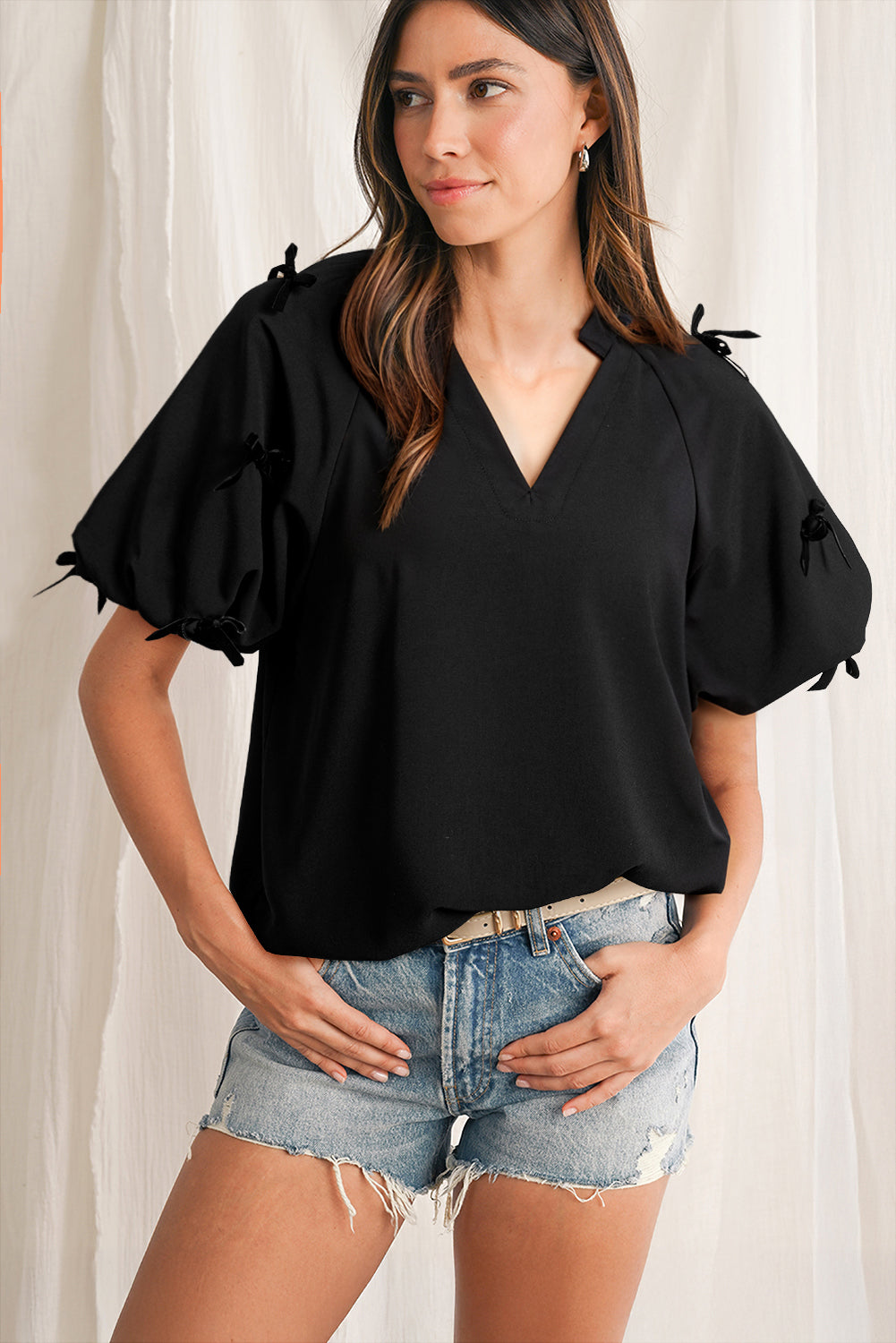 Black Bow Decor Puff Sleeve Split Neck Blouse-Tops/Blouses & Shirts-[Adult]-[Female]-2022 Online Blue Zone Planet