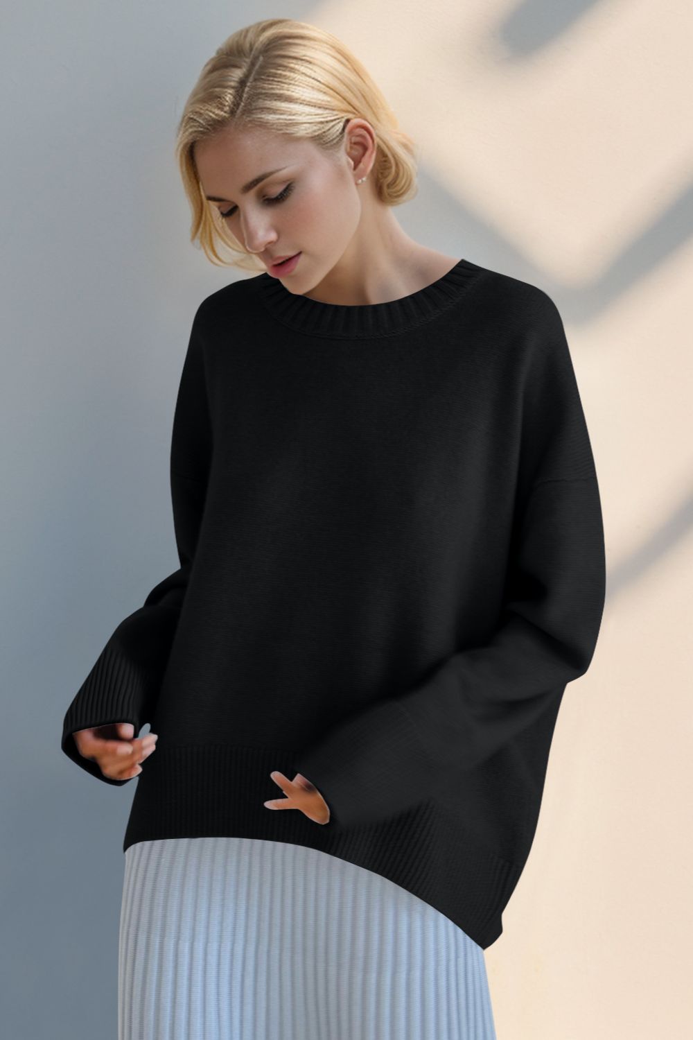 Basic Bae Round Neck Dropped Shoulder Sweater-TOPS / DRESSES-[Adult]-[Female]-2022 Online Blue Zone Planet