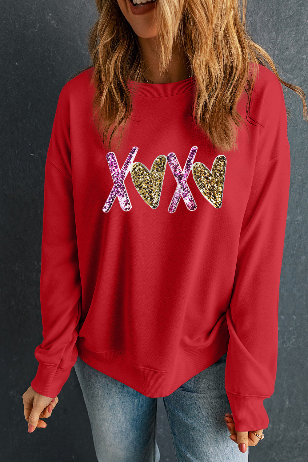 Red Heart XOXO Graphic Crewneck Valentines Pullover Sweatshirt-Graphic Sweatshirts-[Adult]-[Female]-2022 Online Blue Zone Planet