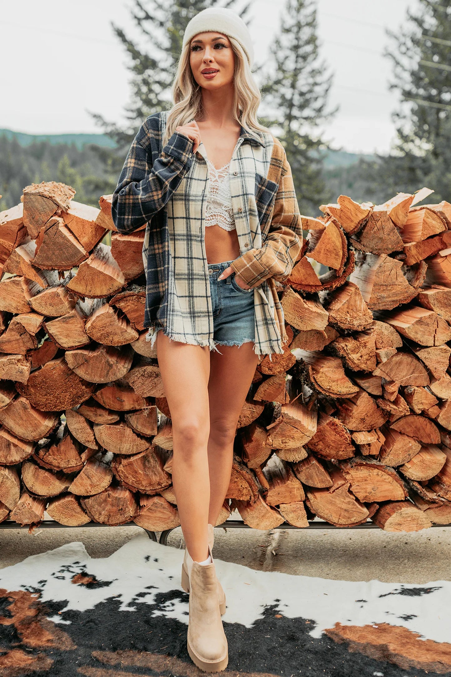 Multicolour Plaid Button-Up Long Sleeve Shift Silhouette Shacket-Outerwear/Plaid Shackets-[Adult]-[Female]-2022 Online Blue Zone Planet