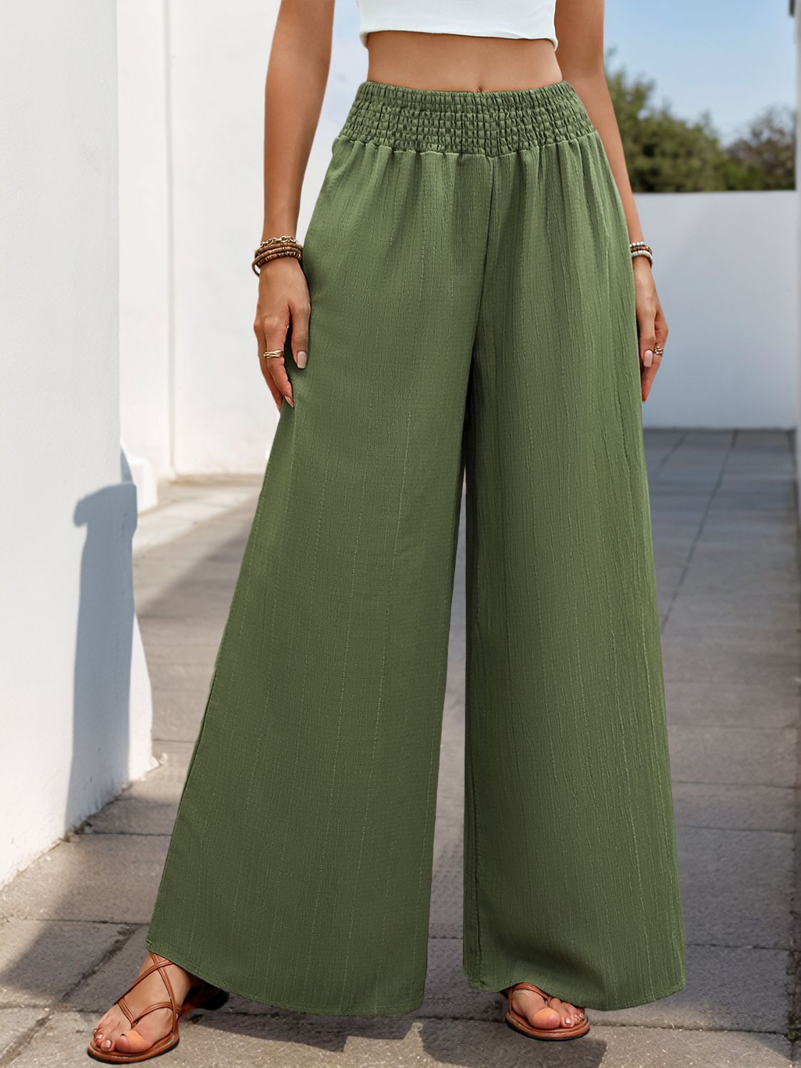 Blue Zone Planet | Perfee Smocked Wide Leg Pants-BOTTOM SIZES SMALL MEDIUM LARGE-[Adult]-[Female]-2022 Online Blue Zone Planet