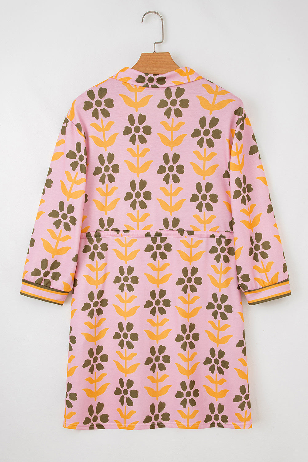 Pink Floral Print Zip Neck Striped Patchwork Long Sleeve Drawstring Dress-Dresses/Floral Dresses-[Adult]-[Female]-2022 Online Blue Zone Planet