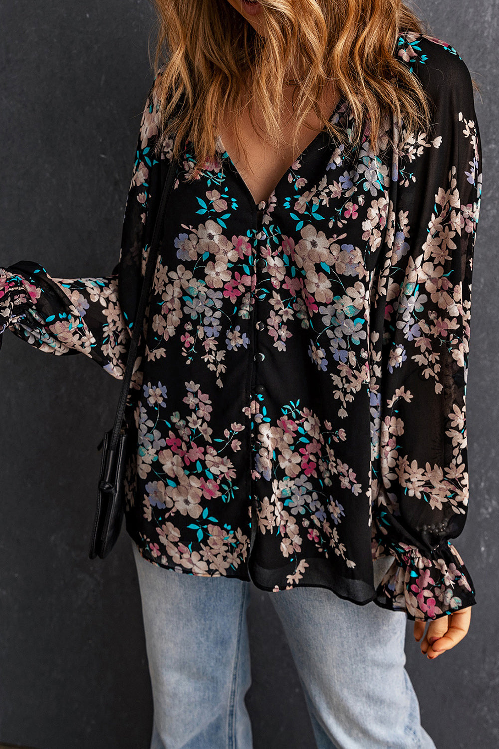 Black Wildflower Print Chiffon Blouse-Tops/Blouses & Shirts-[Adult]-[Female]-Black-S-2022 Online Blue Zone Planet