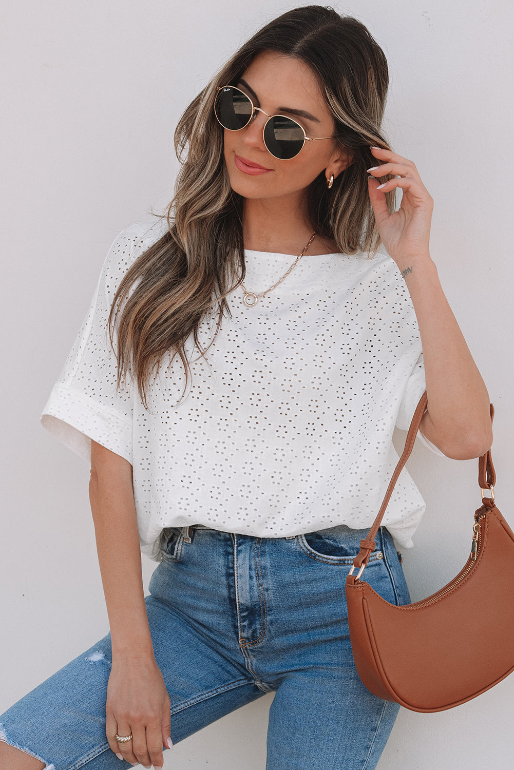 White Eyelet Pattern Boat Neck Casual Tee-Tops/Tops & Tees-[Adult]-[Female]-2022 Online Blue Zone Planet