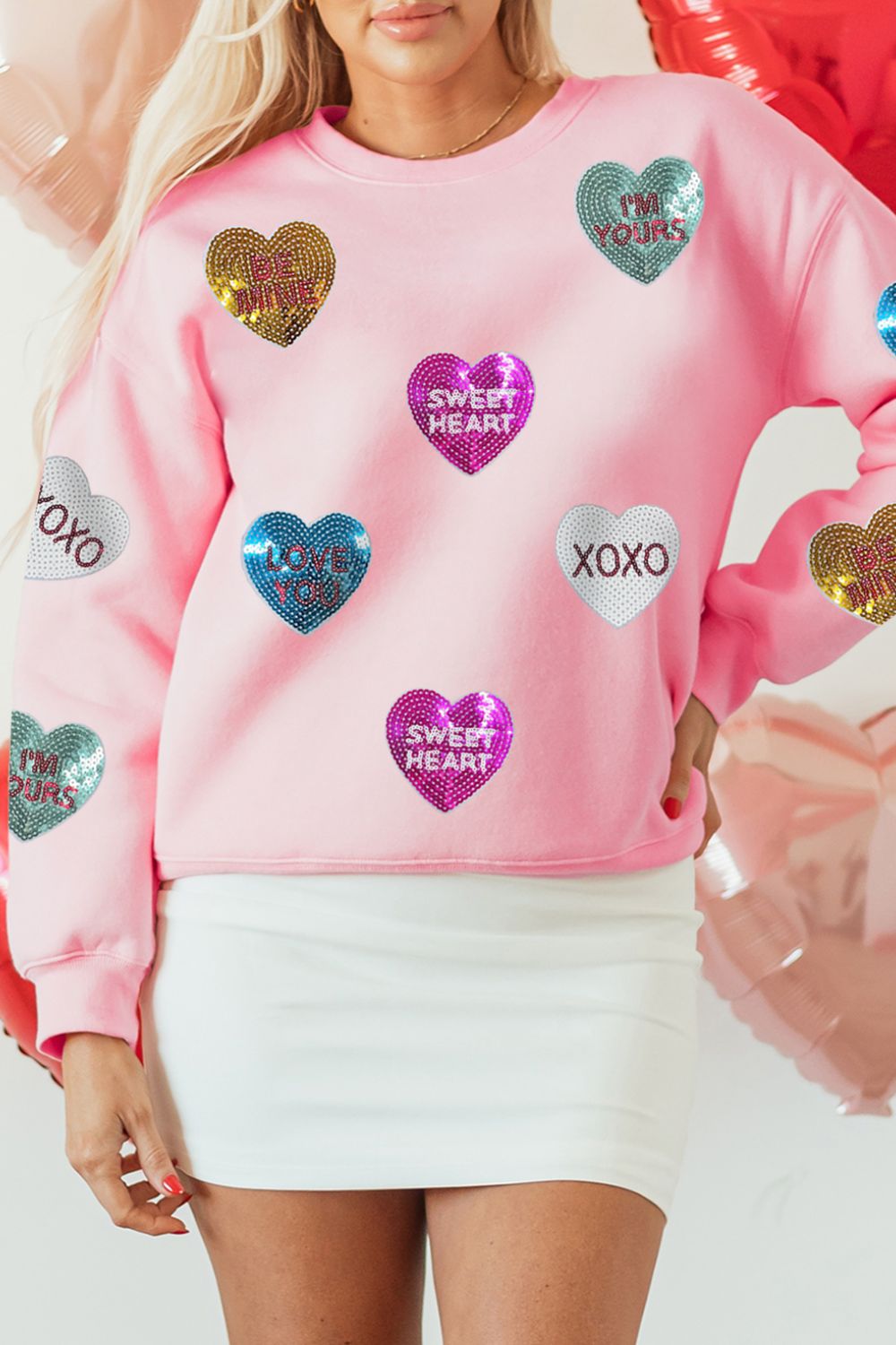 Valentine’s Day Sequin Heart Round Neck Long Sleeve Sweatshirt-TOPS / DRESSES-[Adult]-[Female]-Blush Pink-S-2022 Online Blue Zone Planet