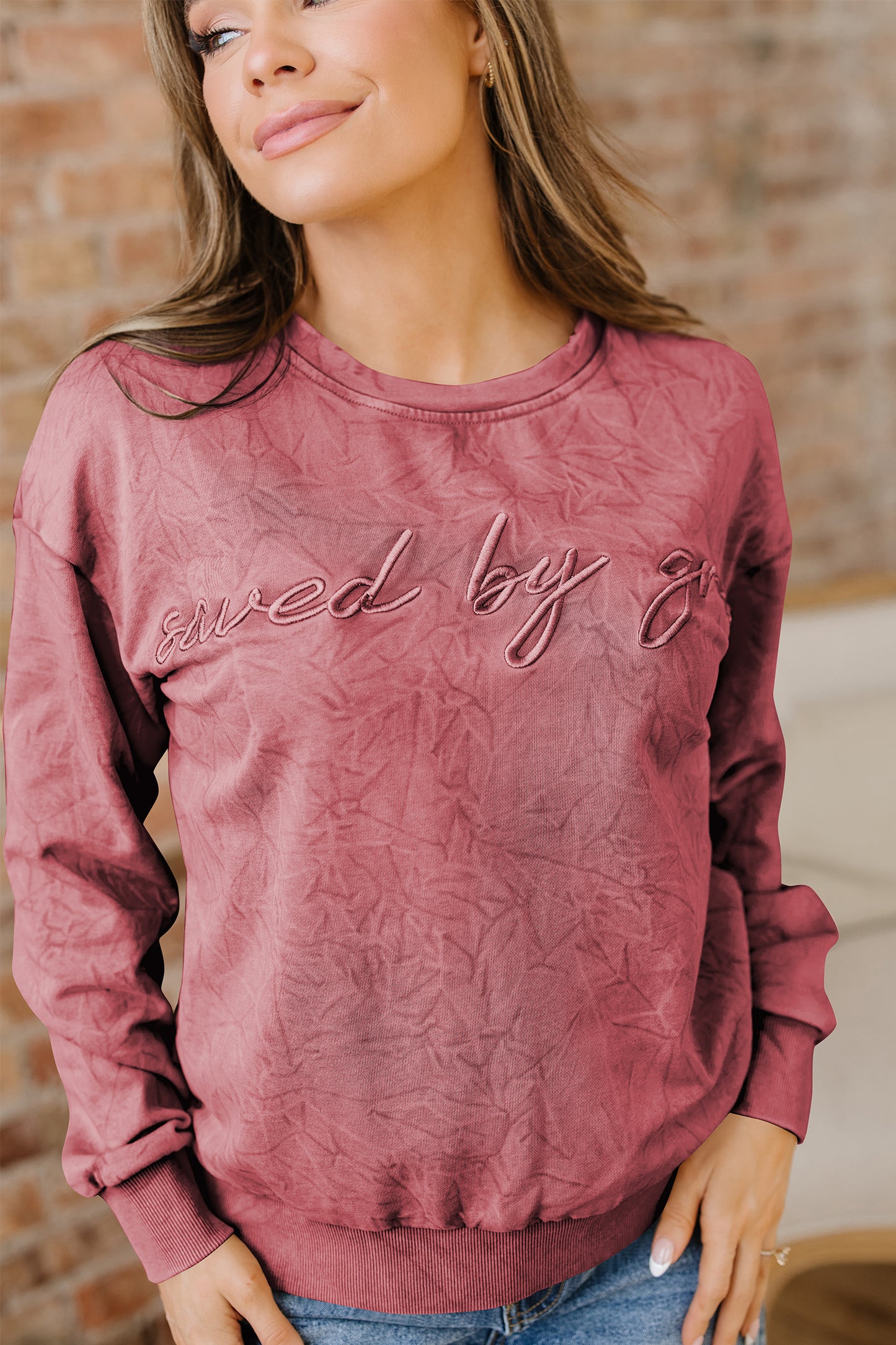Mineral Red Saved By Grace Letter Embroidery Mineral Wash Loose Sweatshirt
