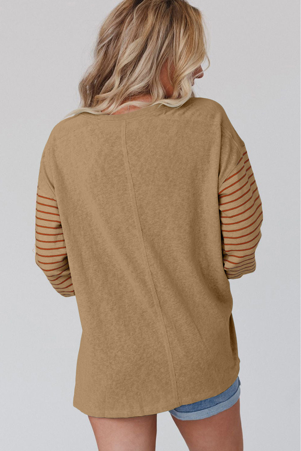 Gray Colorblock Striped Bishop Sleeve Top-Tops/Long Sleeve Tops-[Adult]-[Female]-2022 Online Blue Zone Planet