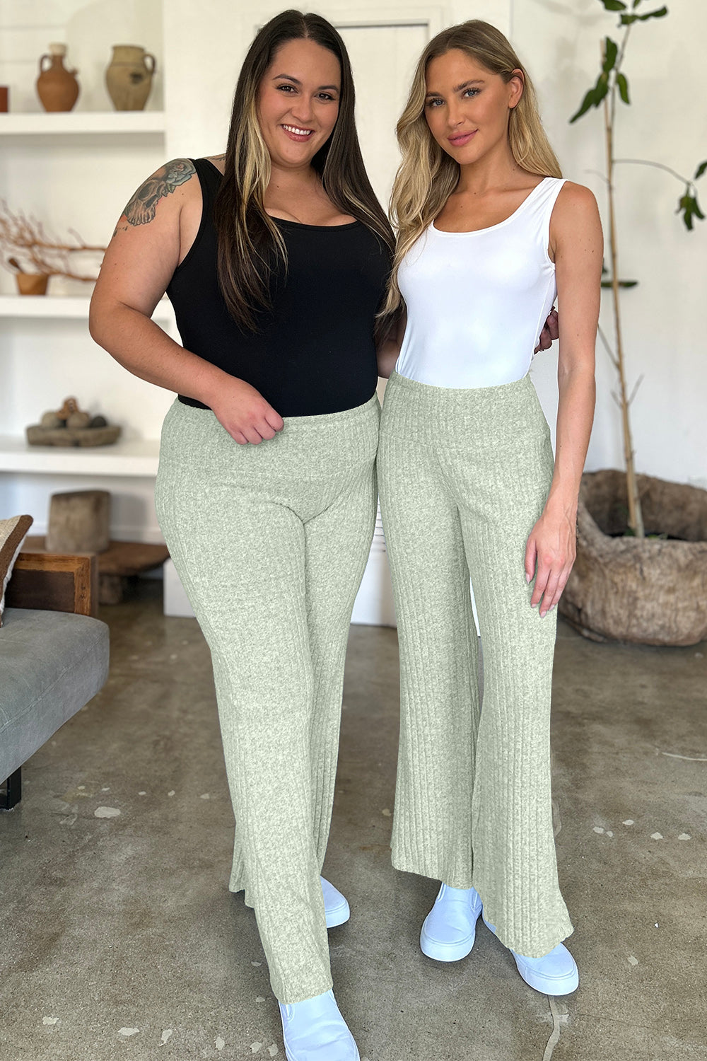 Blue Zone Planet | FAM-FAM Ribbed High Waist Flare Pants-BOTTOMS SIZES SMALL MEDIUM LARGE-[Adult]-[Female]-Gum Leaf-S-2022 Online Blue Zone Planet