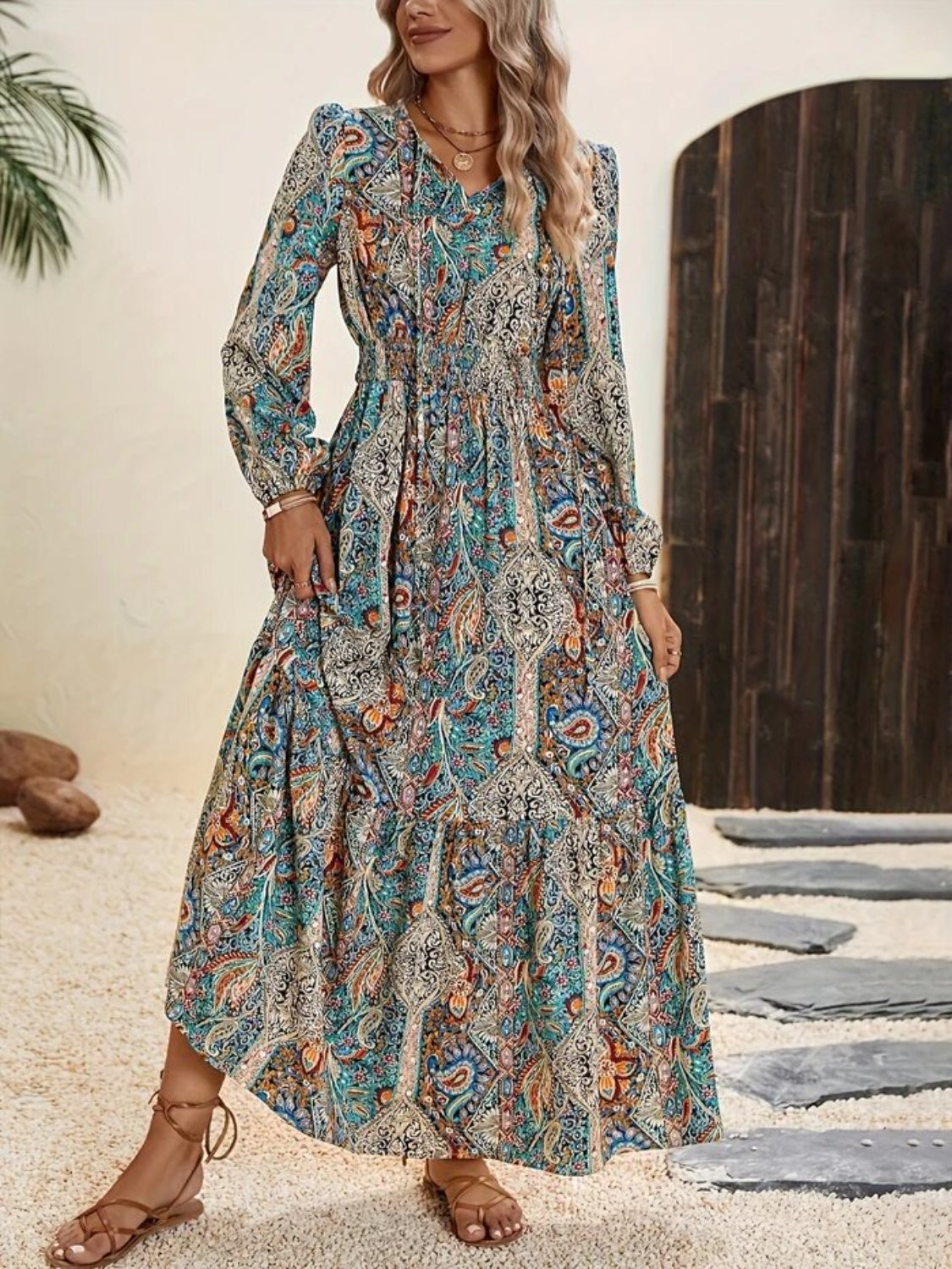 Blue Zone Planet | Printed Tie Neck Long Sleeve Maxi Dress-TOPS / DRESSES-[Adult]-[Female]-Air Force Blue-S-2022 Online Blue Zone Planet