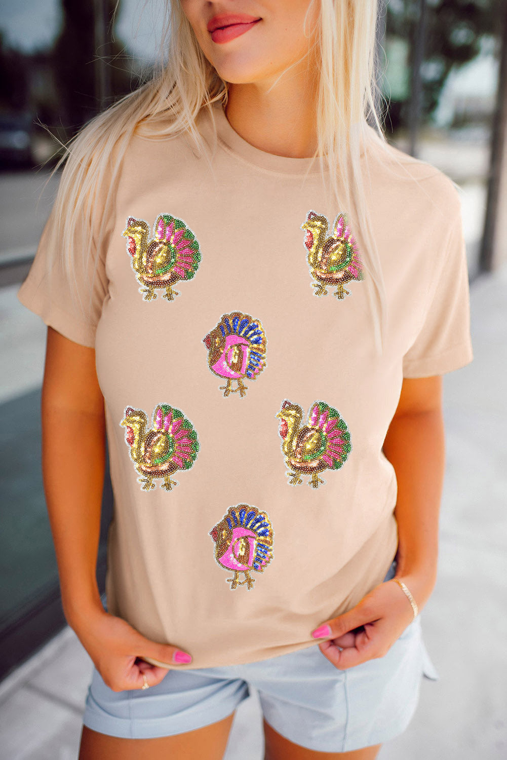 Khaki Sequin Turkey Patched Thanksgiving Graphic Tee-Graphic/Graphic Tees-[Adult]-[Female]-2022 Online Blue Zone Planet