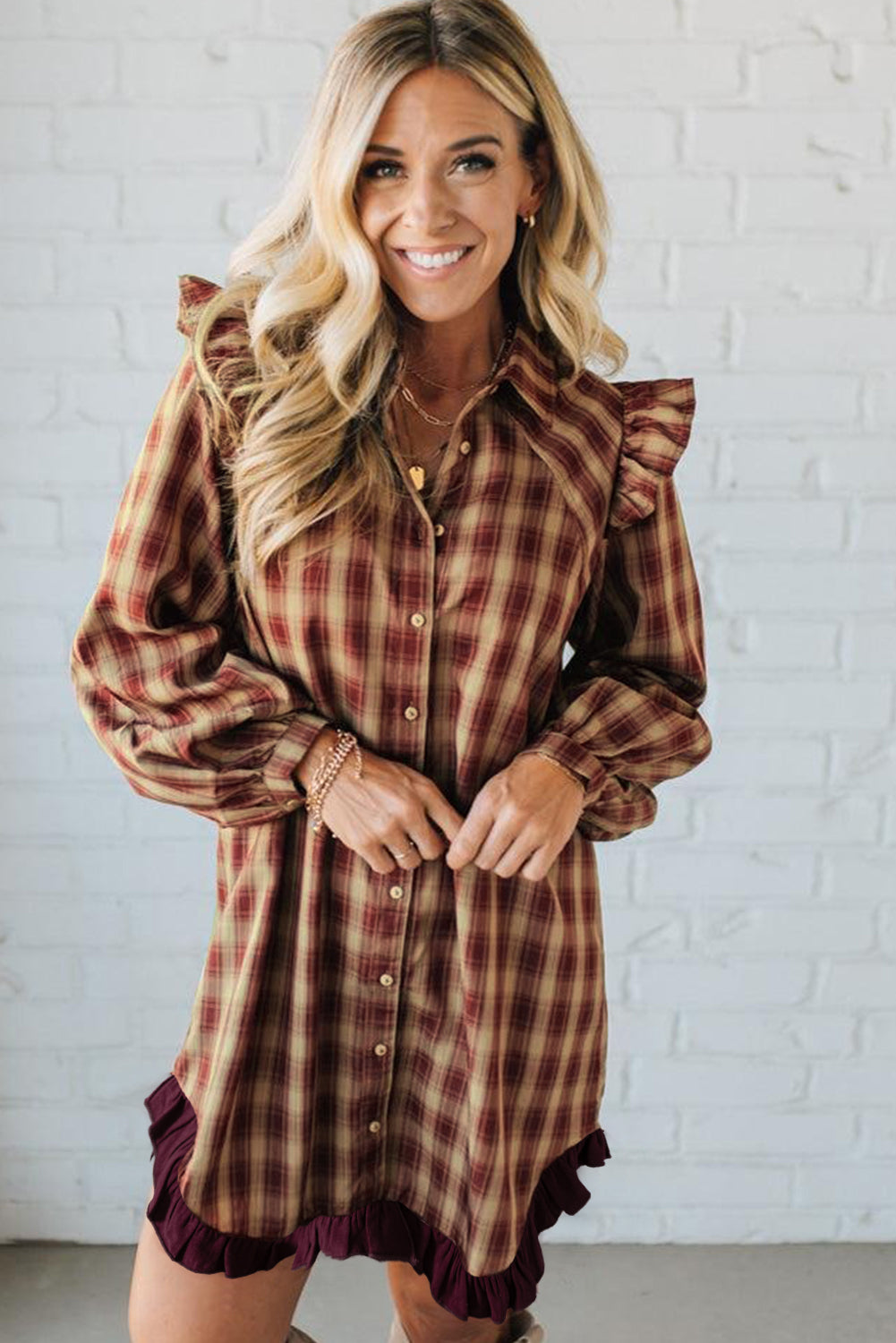 Red Plaid Print Ruffled Long Sleeve Patchwork Hem Mini Shirt Dress-TOPS / DRESSES-[Adult]-[Female]-2022 Online Blue Zone Planet
