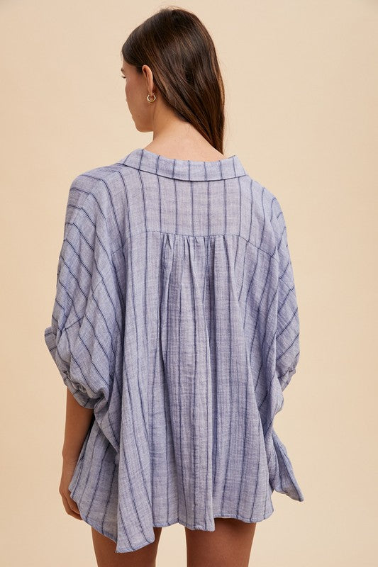 Annie Wear Striped Button Up Half Sleeve Shirt-TOPS / DRESSES-[Adult]-[Female]-2022 Online Blue Zone Planet