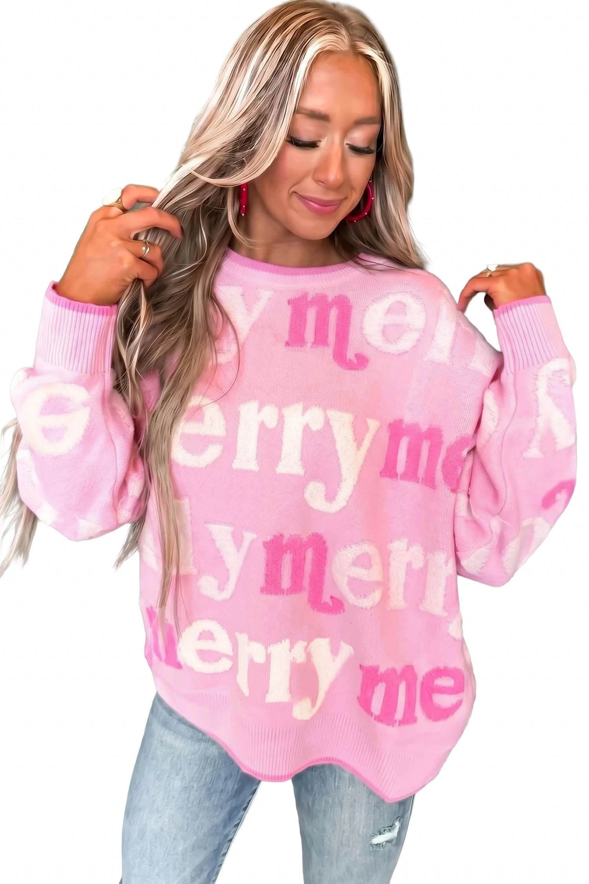 Pink All Over Merry Me Graphic Round Neck Knit Sweater-TOPS / DRESSES-[Adult]-[Female]-2022 Online Blue Zone Planet