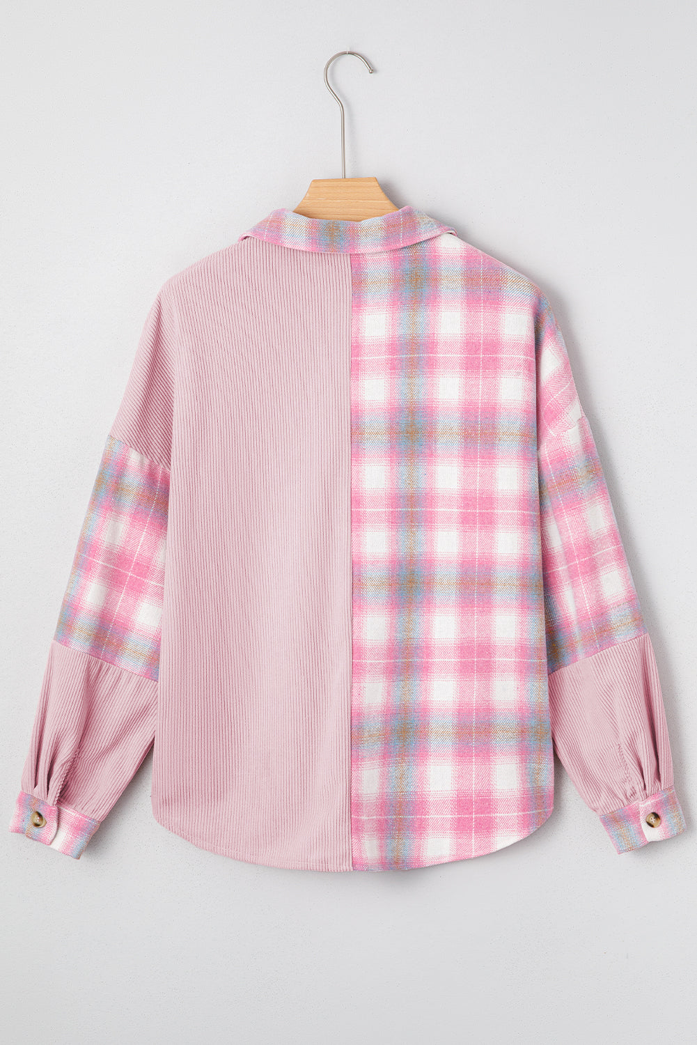 Pink Brushed Plaid Corduroy Flap Pockets Patchwork Shacket-Outerwear/Plaid Shackets-[Adult]-[Female]-2022 Online Blue Zone Planet