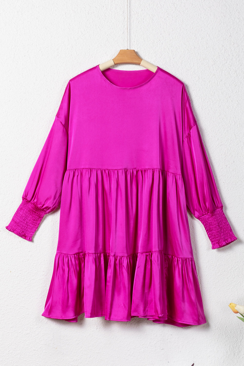 Rose Red Satin Smocked Bubble Sleeve Tiered Dress-TOPS / DRESSES-[Adult]-[Female]-2022 Online Blue Zone Planet