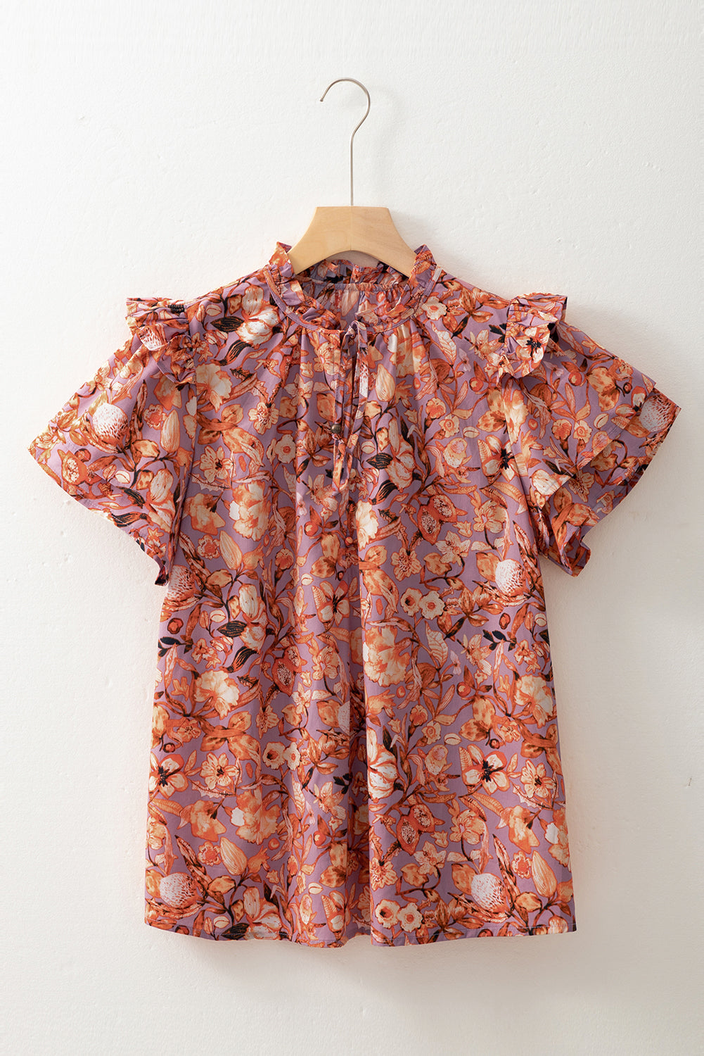Orange Floral Print Ruffled Flutter Sleeve Frilled V Neck Blouse-Tops/Blouses & Shirts-[Adult]-[Female]-2022 Online Blue Zone Planet