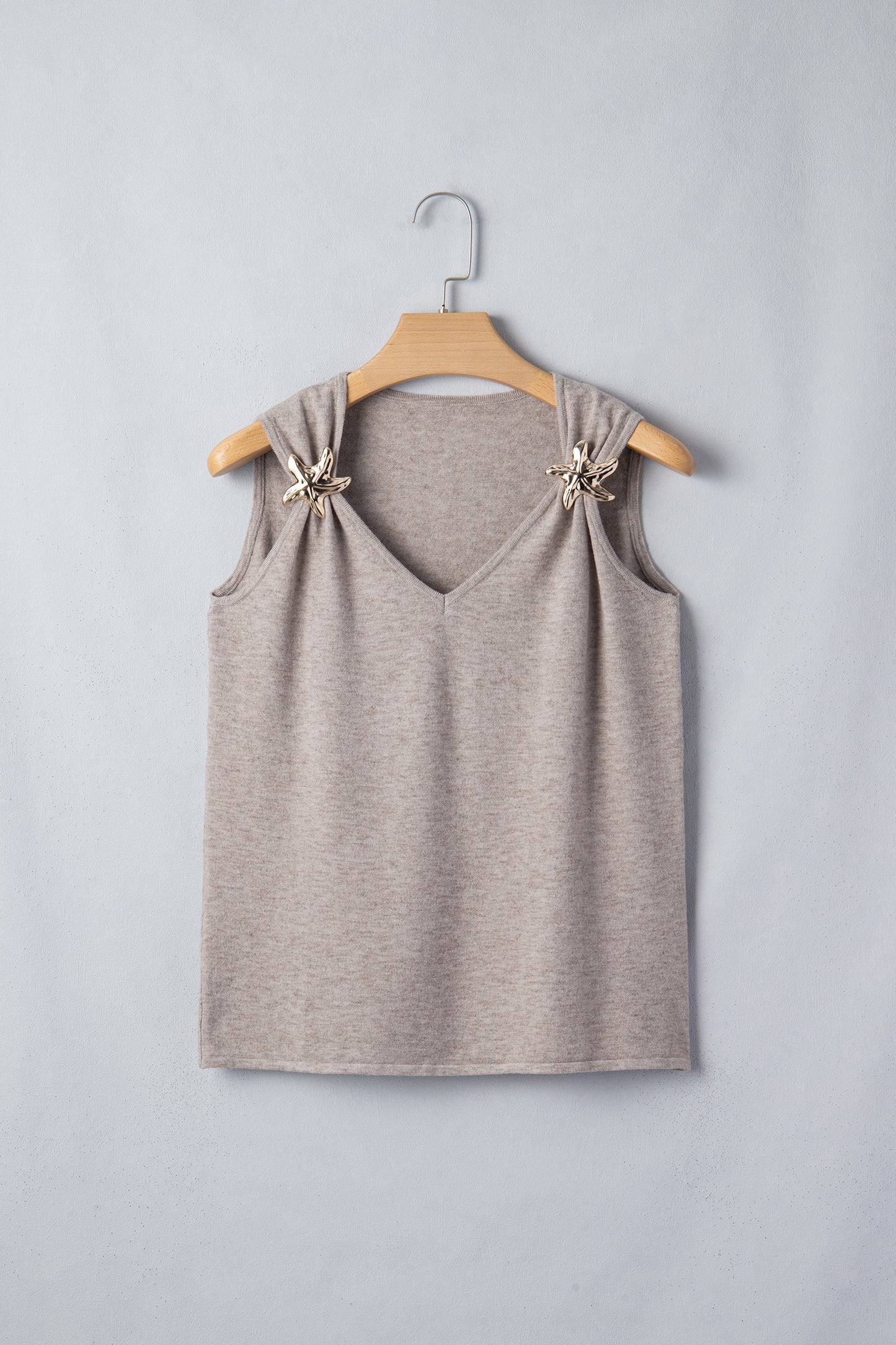 Gray Morn Metal Star Detail V Neck Sweater Knit Tank Top-Sweaters & Cardigans/Sweater Vests-[Adult]-[Female]-2022 Online Blue Zone Planet
