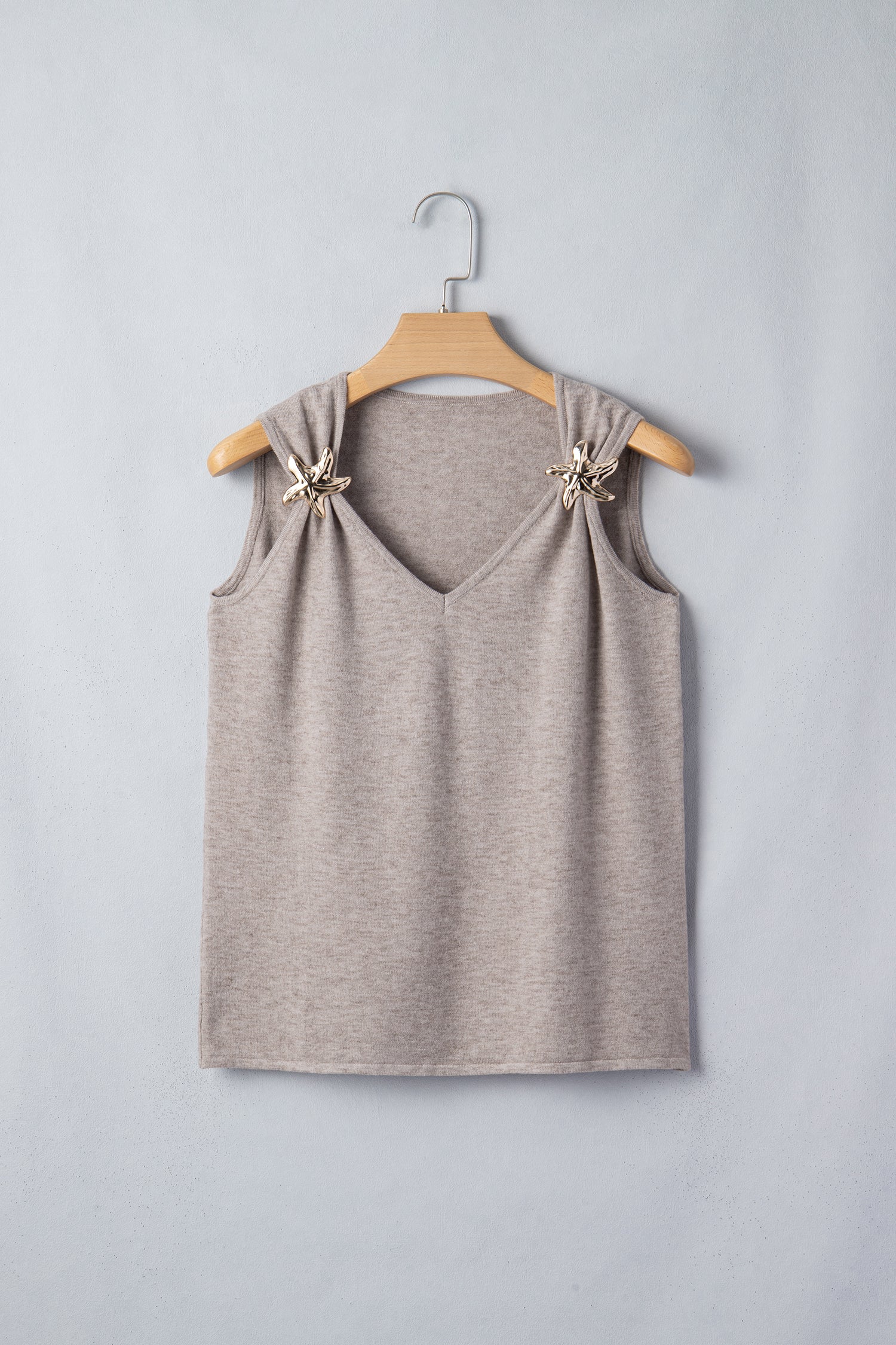 Gray Morn Metal Star Detail V Neck Sweater Knit Tank Top-Sweaters & Cardigans/Sweater Vests-[Adult]-[Female]-2022 Online Blue Zone Planet