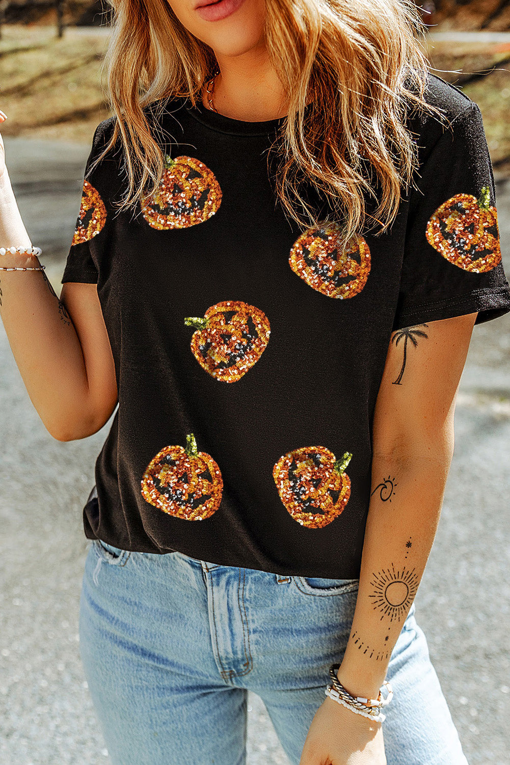 Black Sequin Pumpkin Face Halloween T Shirt-Graphic/Graphic Tees-[Adult]-[Female]-2022 Online Blue Zone Planet