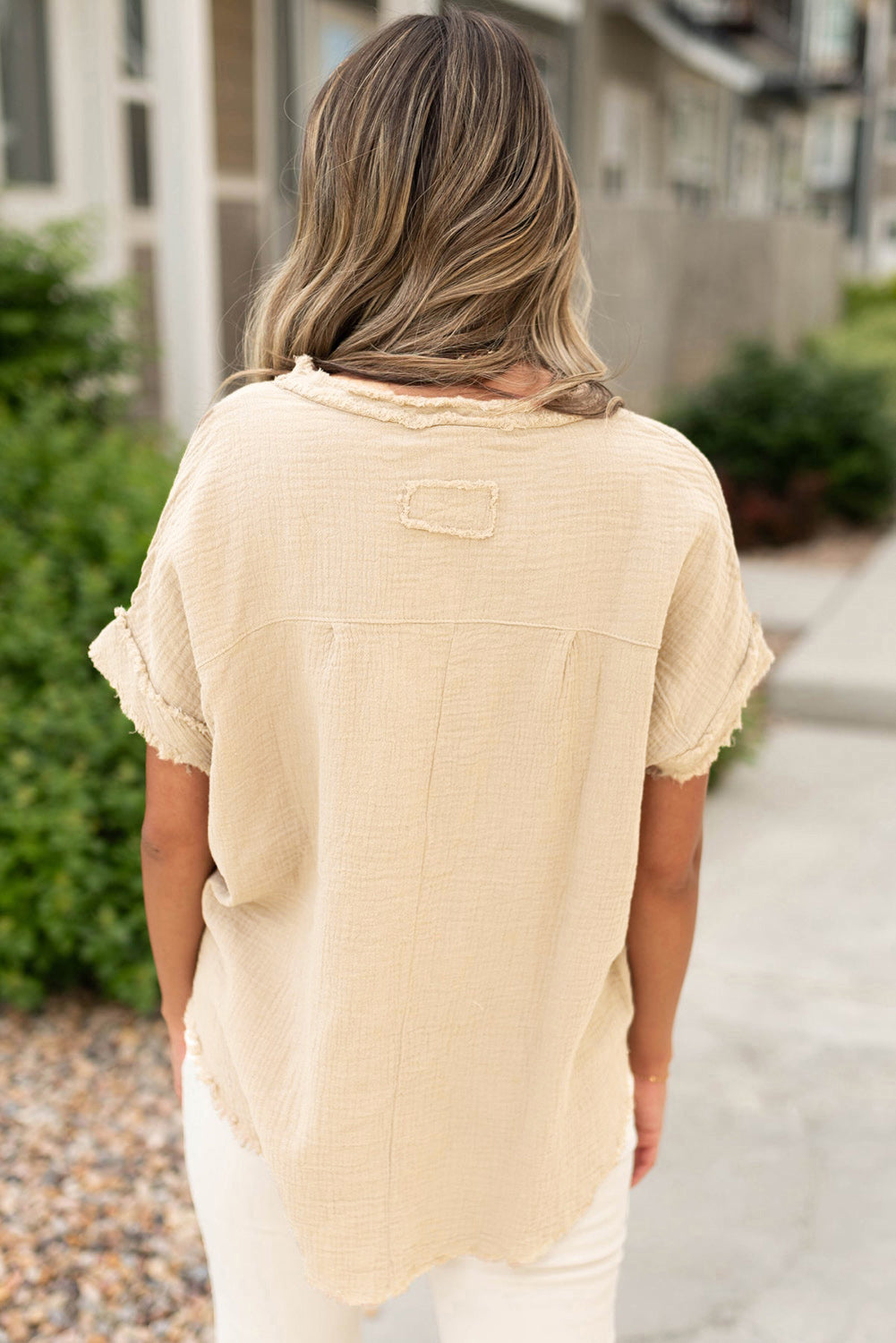 Parchment Crinkle Textured Frayed Trim Half Button Short Sleeve Top-Tops/Tops & Tees-[Adult]-[Female]-2022 Online Blue Zone Planet