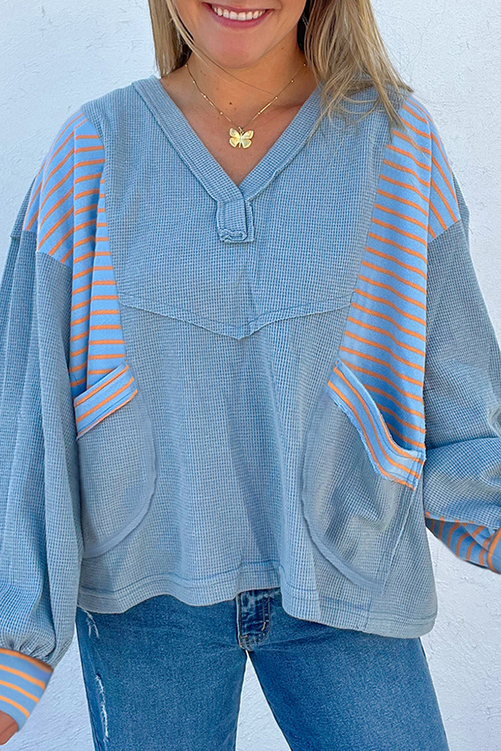 Dusk Blue Exposed Seam Waffle Striped Patchwork Baggy Pullover-Tops/Long Sleeve Tops-[Adult]-[Female]-Dusk Blue-S-2022 Online Blue Zone Planet