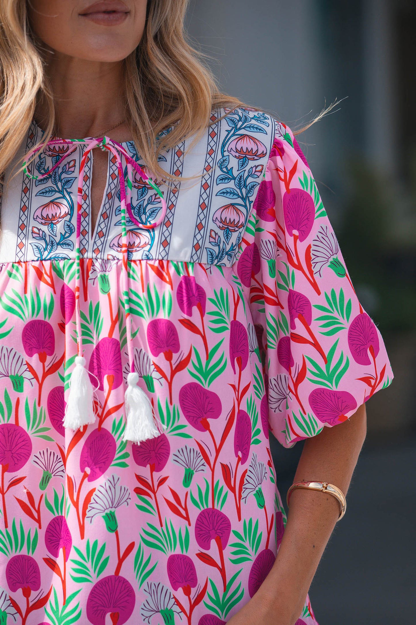 Pink Floral Print Short Sleeve Contrast Patchwork Tassel Tie Blouse-Tops/Blouses & Shirts-[Adult]-[Female]-2022 Online Blue Zone Planet
