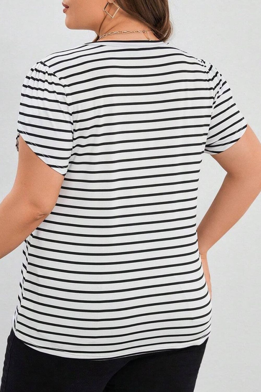 Plus Size Striped V-Neck Short Sleeve T-Shirt-TOPS / DRESSES-[Adult]-[Female]-2022 Online Blue Zone Planet