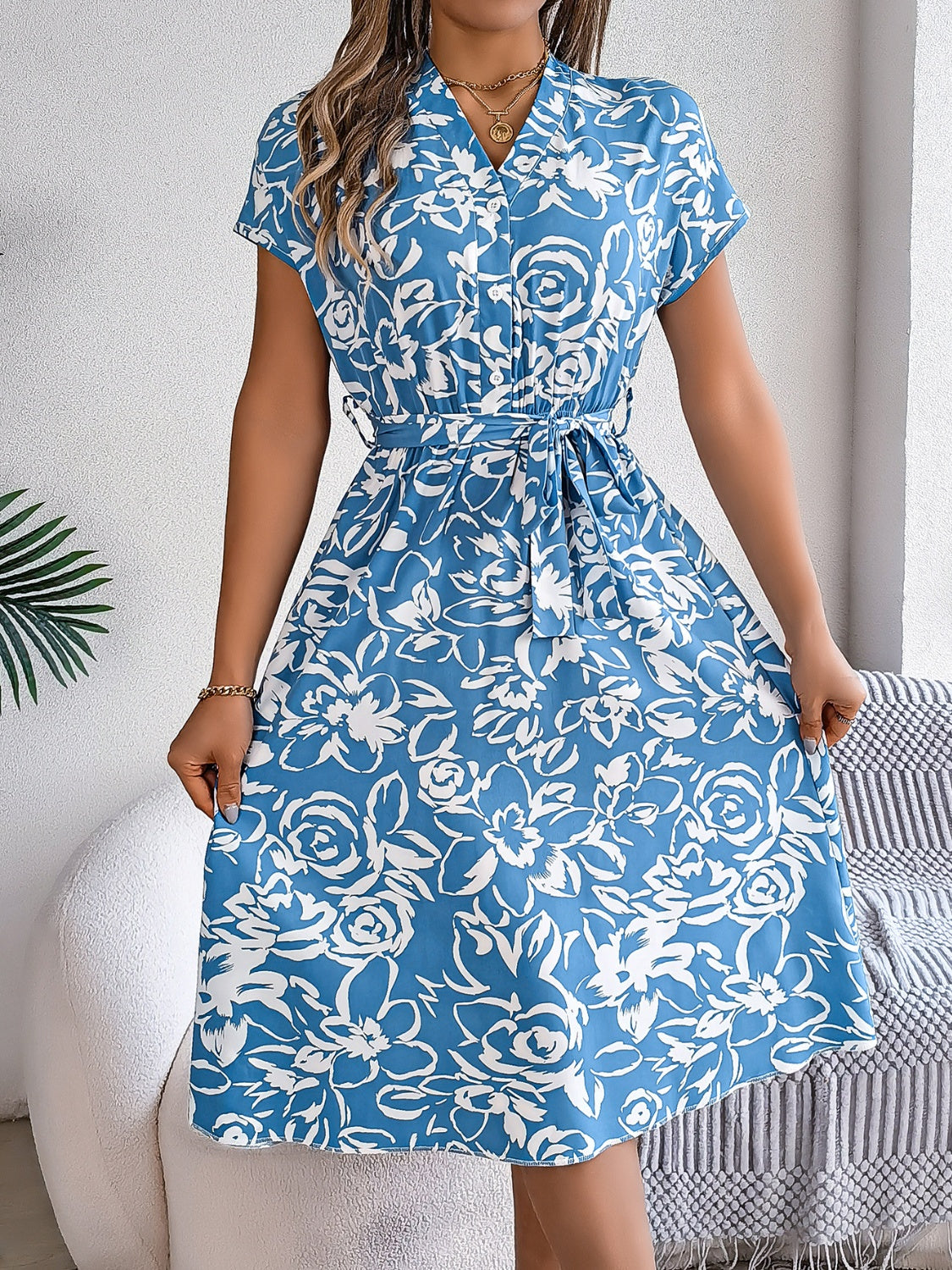 Blue Zone Planet | Printed V-Neck Short Sleeve Dress-TOPS / DRESSES-[Adult]-[Female]-2022 Online Blue Zone Planet