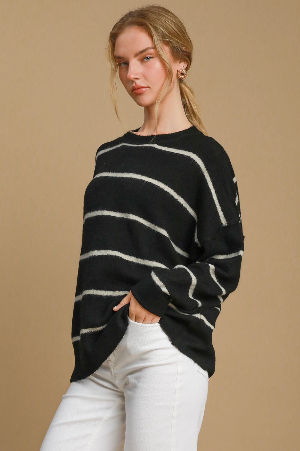 Umgee Wool Blend Striped Round Neck Sweater-TOPS / DRESSES-[Adult]-[Female]-2022 Online Blue Zone Planet